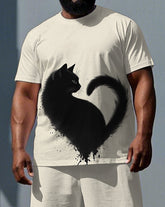 Big & Tall Men's Romantic Cat with Heart Print Casual Short-Sleeve T-shirt 2-Piece Set